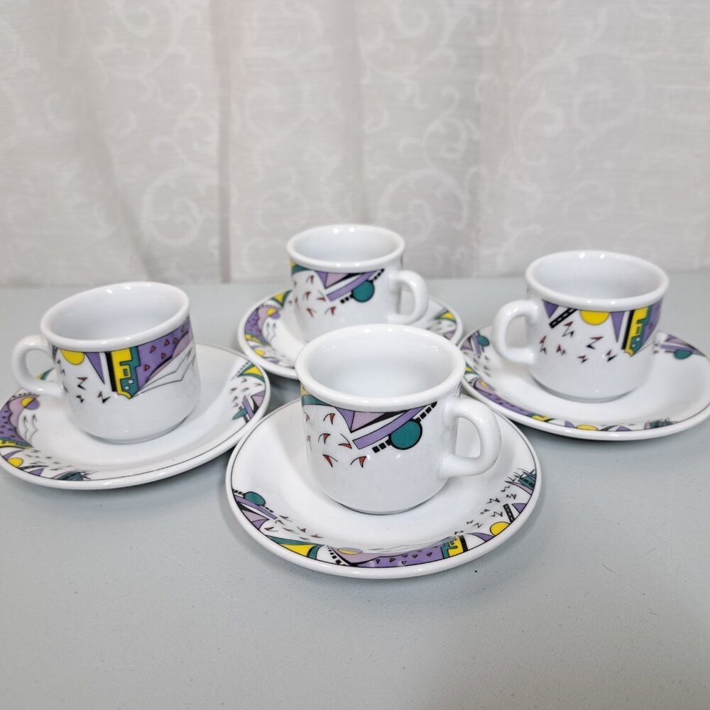Inker Porcelain Demitasse Espresso Cups & Saucers 80s Pop Art Geometric Croatia